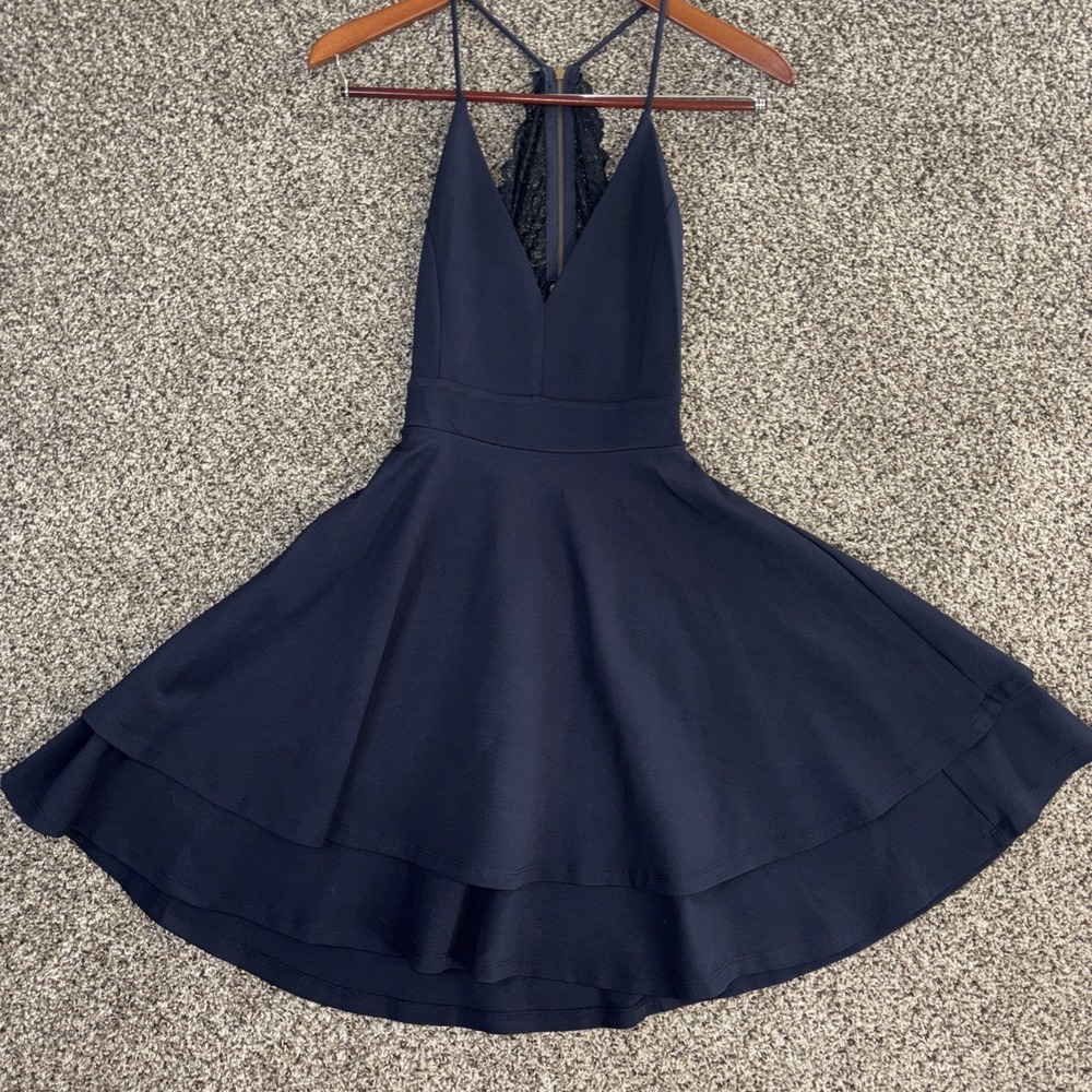 Windsor Navy Blue Lace Back Asymmetrical High Low Hemline Halter Dress Women's M